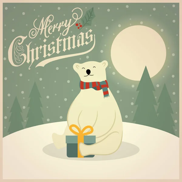 Schöne Retro Weihnachtskarte Mit Eisbär Und Geschenkbox Flache Bauweise Vektor — Stockvektor