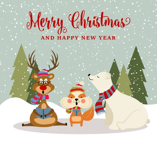 Tarjeta Navidad Diseño Plano Gorgeousl Con Reno Ardilla Oso Polar — Vector de stock