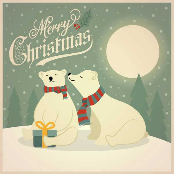 Schöne Flache Retro Weihnachtskarte Mit Eisbären Paar Flache Bauweise Vektor — Stockvektor