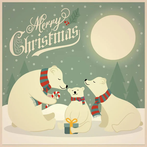 Прекрасний Плоский Дизайн Ретро Різдвяної Листівки Родиною Білих Ведмедів Плоский — стоковий вектор