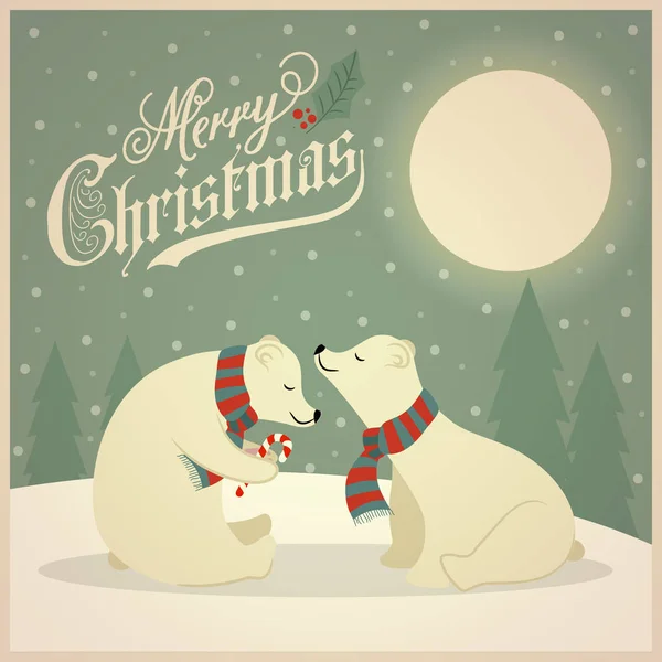 Прекрасний Плоский Дизайн Ретро Різдвяної Листівки Парами Білих Ведмедів Плоский — стоковий вектор