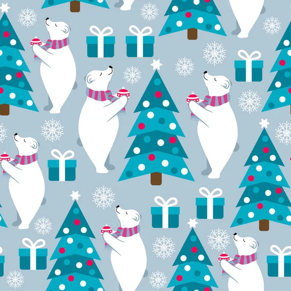 Vánoční Vzor Bezešvé Lední Medvědi Vánoční Stromky Vhodné Pro Vánoční — Stockový vektor