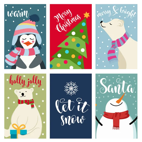 Christmas Card Collection Polar Bears Wishes Labels Stickers Flat Design — Stock Vector