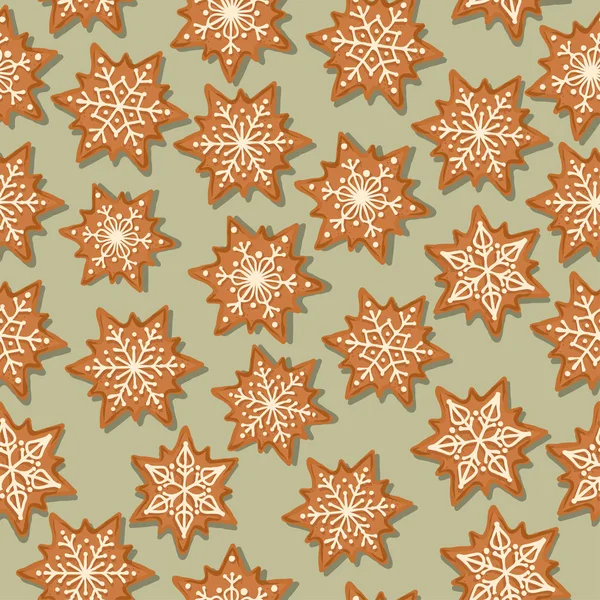 Festive Christmas Seamless Pattern Gingerbread Stars Green Background Vector — Stock Vector