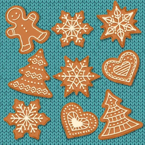 Sevimli Gingerbread Öğeleri Üzerinde Örme Arka Plan Izole Noel Gingerbread — Stok Vektör
