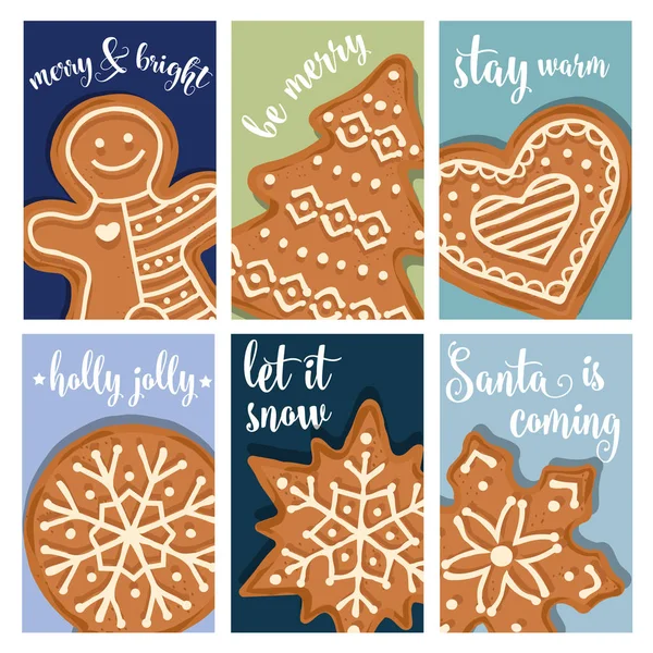 Coleção Cartão Natal Com Pão Gengibre Etiquetas Adesivos Projeto Plano — Vetor de Stock
