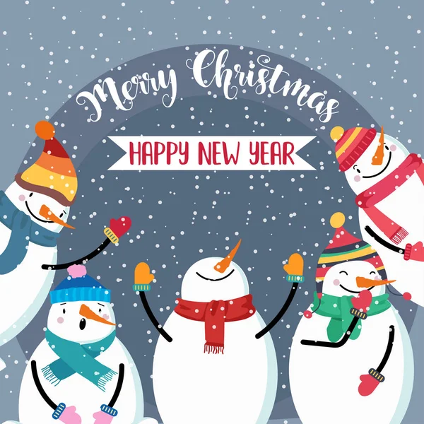 Tarjeta Navidad Con Muñeco Nieve Lindo Deseos Diseño Plano Vector — Vector de stock