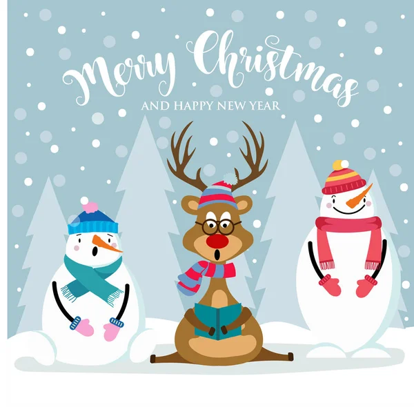 Christmas Card Cute Snowman Reinder Wishes Flat Design Vector — Stock Vector