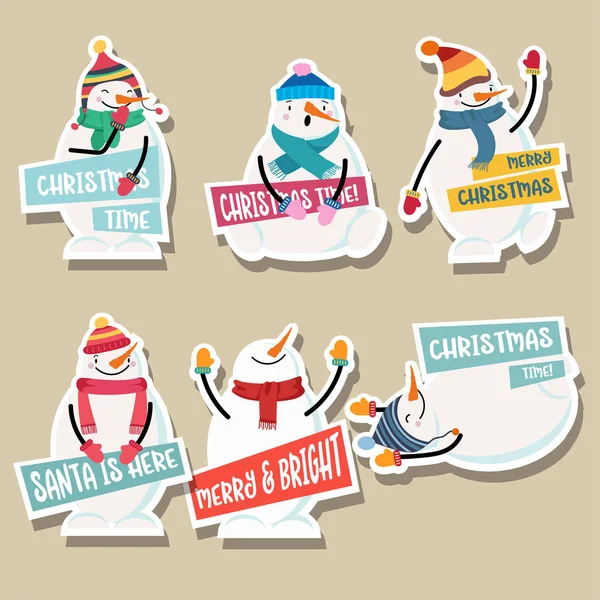 Christmas Stickers Collection Cute Snowman Wishes Flat Design — Stock Vector