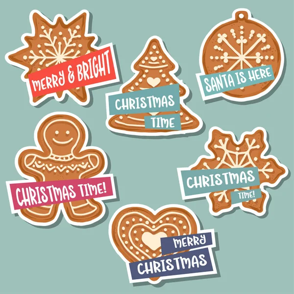 Christmas Stickers Collection Christmas Gingerbread Wishes Isolated Elements Flat Design — Stock Vector