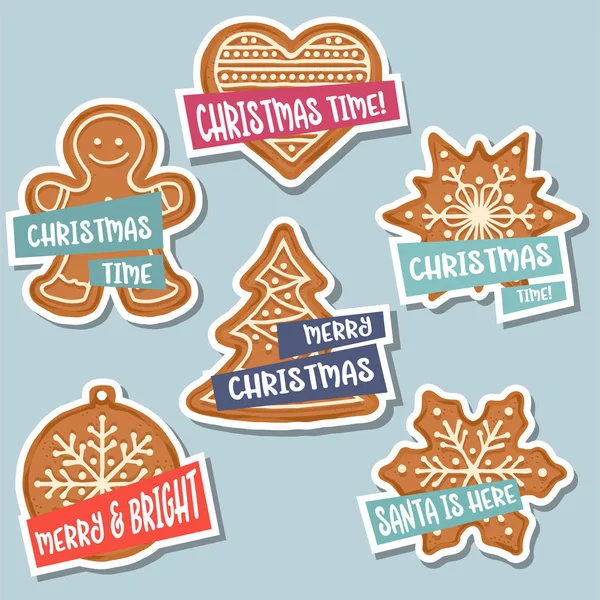 Christmas Stickers Collection Christmas Gingerbread Wishes Isolated Elements Flat Design — Stock Vector