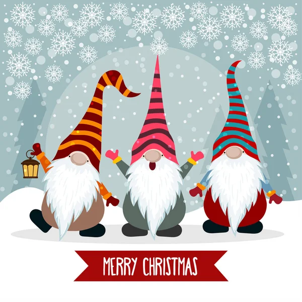 Carte Noël Avec Des Gnomes Mignons Design Plat Vecteur — Image vectorielle