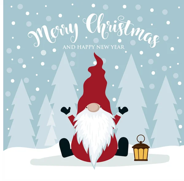 Cartão Natal Com Gnomo Bonito Design Plano Natal Escandinavo — Vetor de Stock