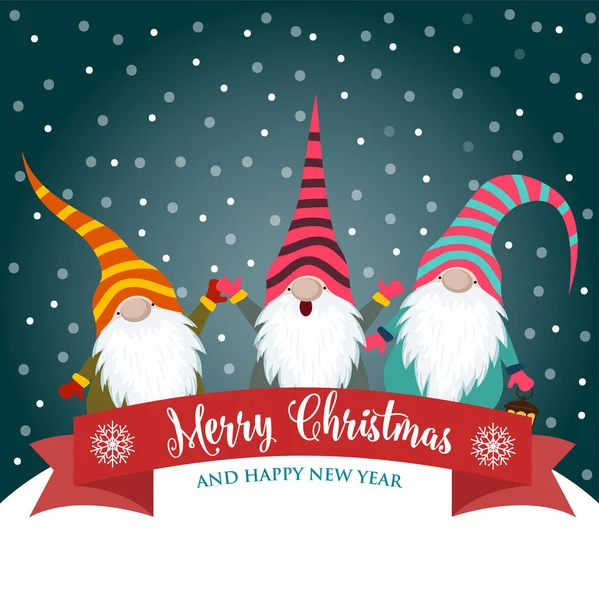 圣诞卡与侏儒 扁平设计 斯堪的纳维亚圣诞节 — 图库矢量图片