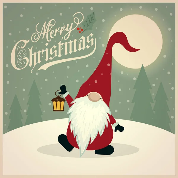 Belle Carte Noël Rétro Avec Gnome Design Plat Vecteur — Image vectorielle