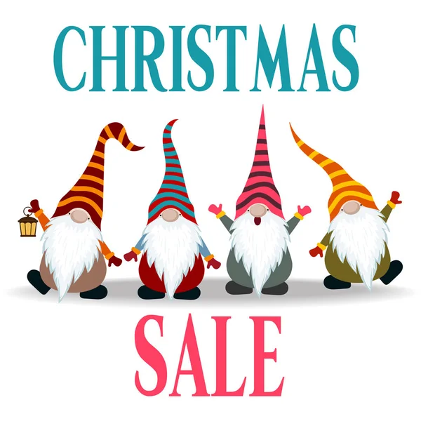 Poster Penjualan Natal Dengan Gnome Rancangan Yang Datar Vektor - Stok Vektor