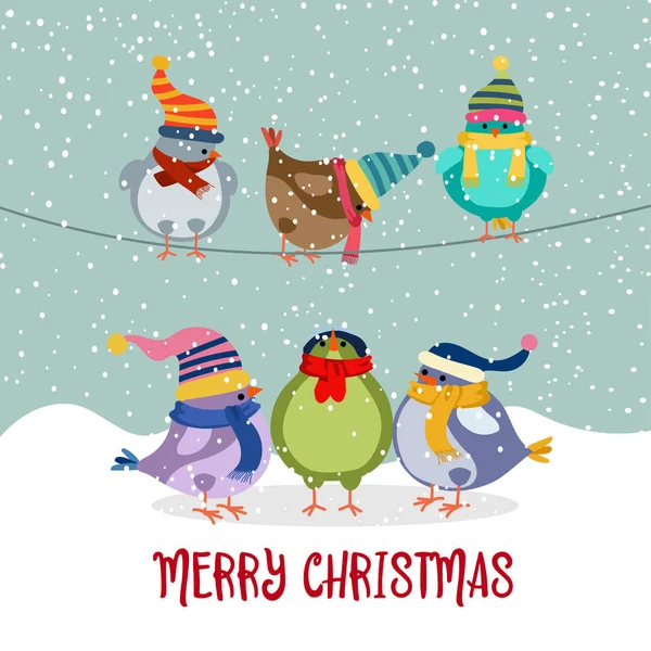 Cute Christmas Card Birds Flat Design Vector — Stock Vector