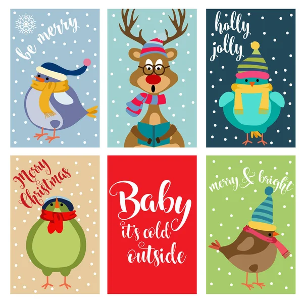 Christmas Card Collection Labels Stickers Flat Design — Stock Vector
