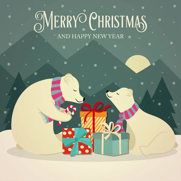 Ρετρό Χριστουγεννιάτικη Κάρτα Πολικές Αρκούδες Οικογένειας Και Δώρα Επίπεδη Σχεδίαση — Διανυσματικό Αρχείο