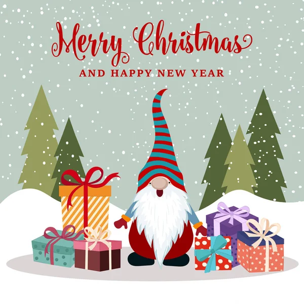 Χριστουγεννιάτικη Κάρτα Ευτυχισμένο Gnome Και Δώρα Αφίσα Χριστούγεννα Διάνυσμα — Διανυσματικό Αρχείο
