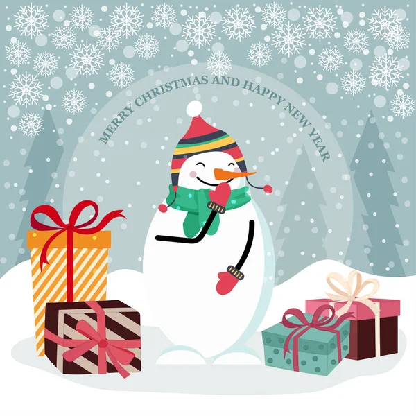 Carte Noël Avec Bonhomme Neige Coffrets Cadeaux Design Plat Vecteur — Image vectorielle