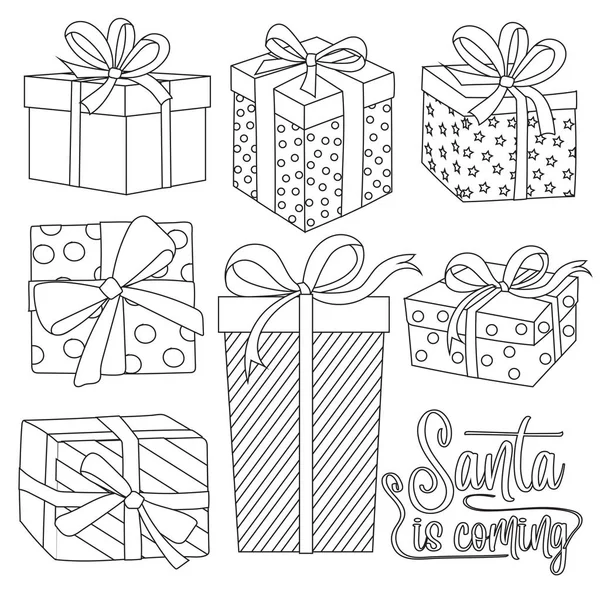 Outline Collezione Scatole Regalo Natale Colorazione — Vettoriale Stock