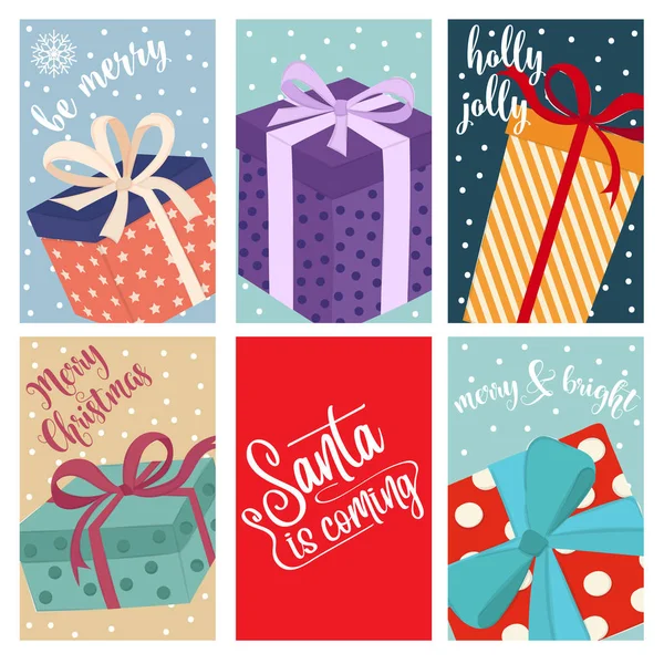 Collection Cartes Noël Avec Coffrets Cadeaux Des Étiquettes Des Autocollants — Image vectorielle