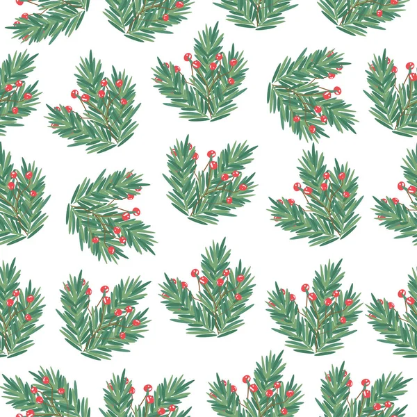 Christmas Seamless Pattern Tree Branches Holly Berries Vector — Stock Vector