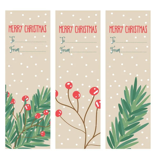 Christmas Labels Collection Tree Branches Holly Berries Vector — Stock Vector