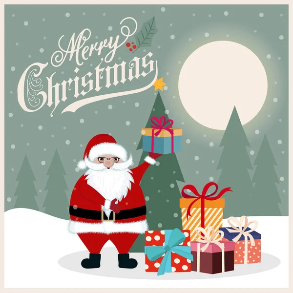 复古圣诞卡与圣诞老人 圣诞节树和礼物 扁平设计 — 图库矢量图片