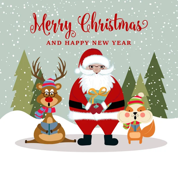 Χριστουγεννιάτικη Κάρτα Σάντα Ταράνδου Και Σκίουρος Αφίσα Χριστούγεννα Διάνυσμα — Διανυσματικό Αρχείο