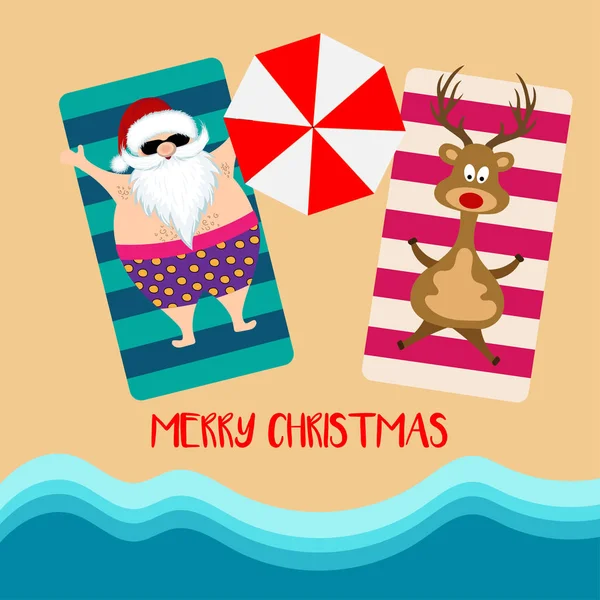 海滩上有圣诞老人和驯鹿的圣诞卡 扁平设计 — 图库矢量图片