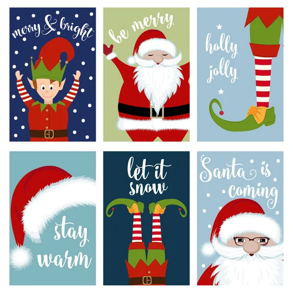 Christmas Card Collection Santa Elves Labels Stickers Flat Design — Stock Vector