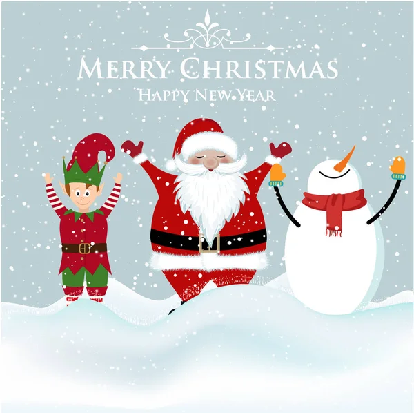 Σάντα Και Ξωτικό Χιονάνθρωπος Χριστουγεννιάτικη Κάρτα Εκτύπωση Διάνυσμα — Διανυσματικό Αρχείο