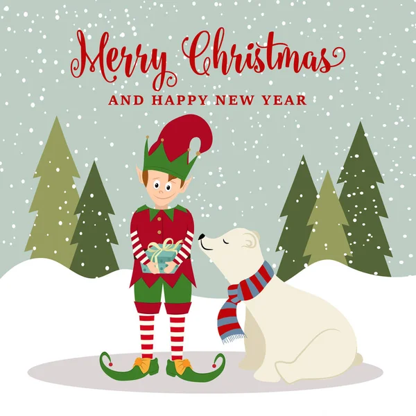 Elf Και Πολική Αρκούδα Αφίσα Χριστούγεννα Διάνυσμα — Διανυσματικό Αρχείο