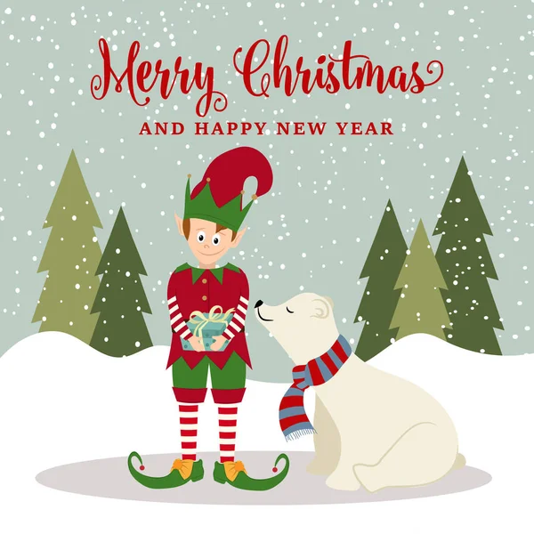 Elf Polar Bear Christmas Poster Vector — Stock Vector