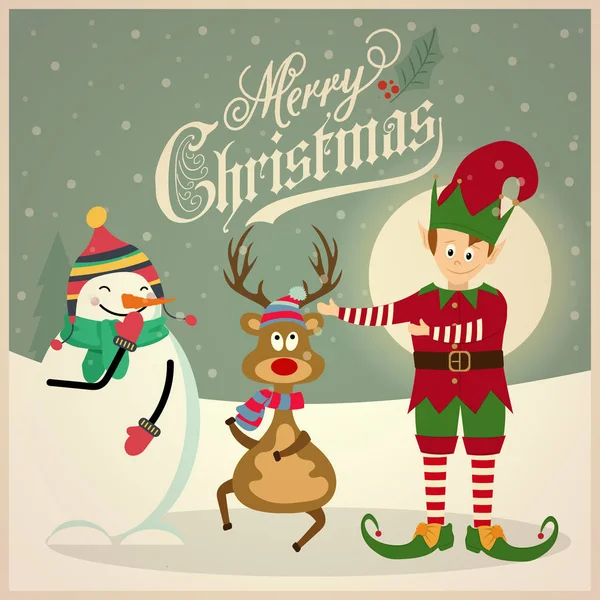 可爱的精灵与雪人和驯鹿 圣诞卡 扁平设计 — 图库矢量图片