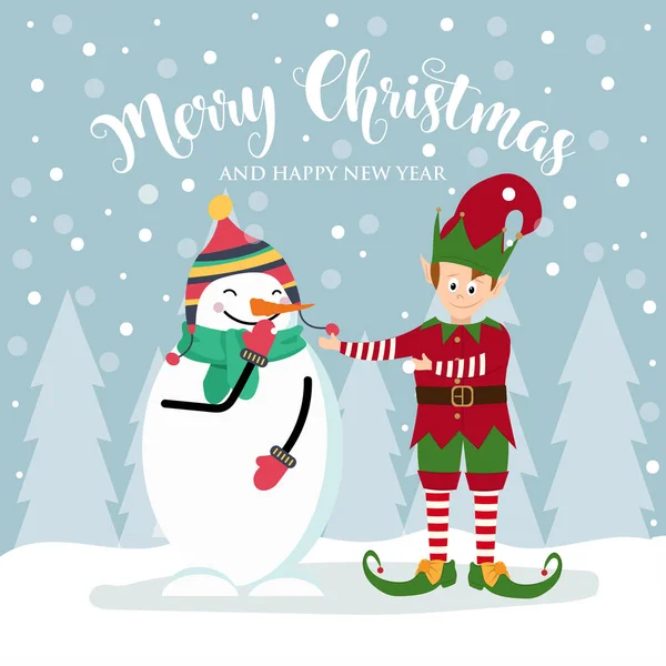 Χριστουγεννιάτικη Κάρτα Χαριτωμένο Ξωτικό Και Χιονάνθρωπος Επίπεδη Σχεδίαση Διάνυσμα — Διανυσματικό Αρχείο