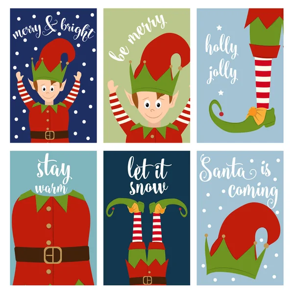Collezione Biglietti Natale Con Elfi Etichette Adesivi Design Piatto — Vettoriale Stock