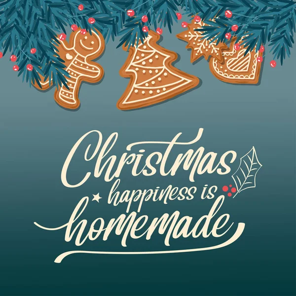 モミの枝とジンジャーブレッドの美しいクリスマス カード クリスマス背景 — ストックベクタ