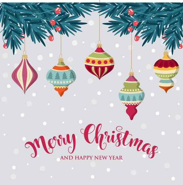 ボールをぶら下げとクリスマスの背景 フラットなデザイン クリスマス カード — ストックベクタ