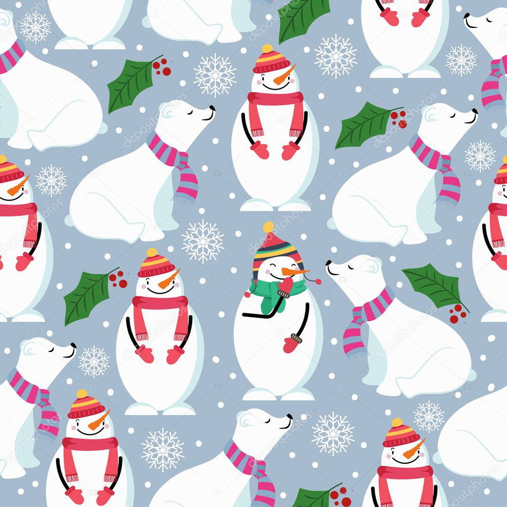 Christmas seamless pattern with polar bears,snowman and mistletoe. Suitable for Christmas posters, wrapping and print. Vector