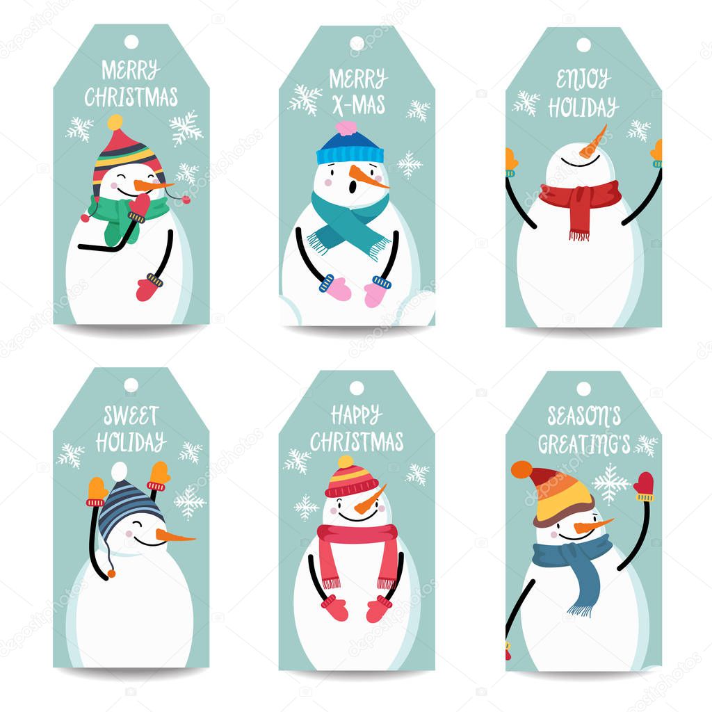 Christmas labels collection with snowman, isolated items on white background, eps10