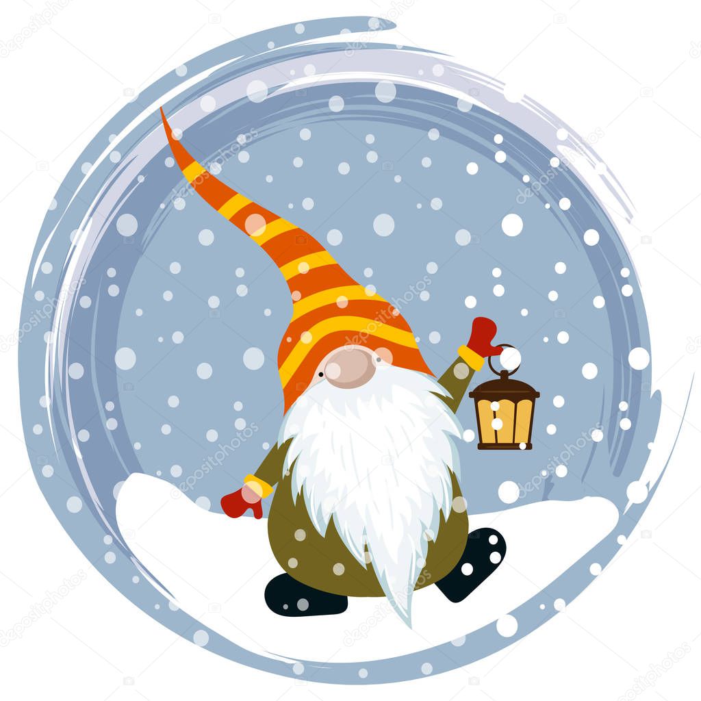 Christmas card with cute gnome. Flat design. Vector