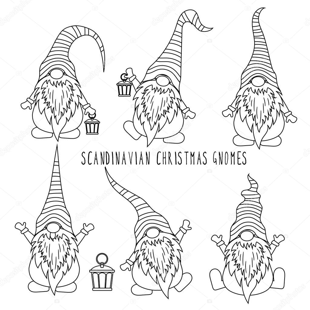 Chrismas gnomes collection for coloring. Isolated items. Scandinavian Christmas