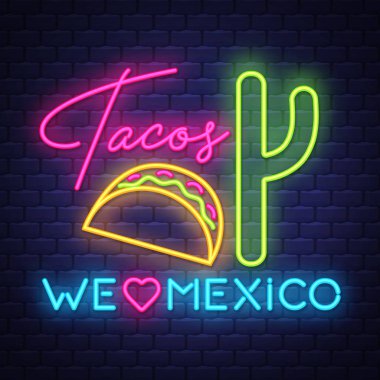 Taco - Neon işareti vektör tuğla duvar arka plan üzerinde