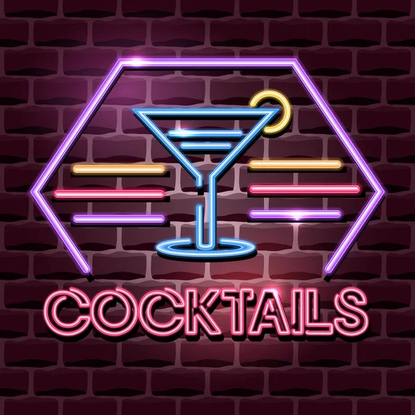 Cocktails neon advertising sign — Stock Vector