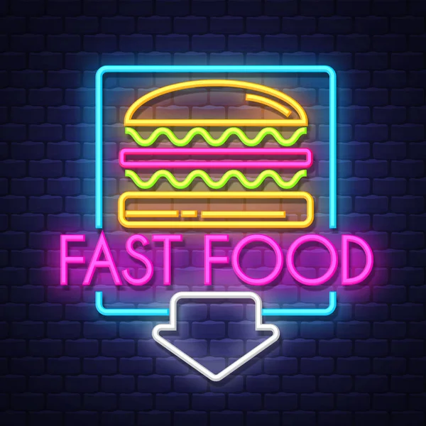 Fast Food - Neon işareti vektör tuğla duvar arka plan üzerinde — Stok Vektör