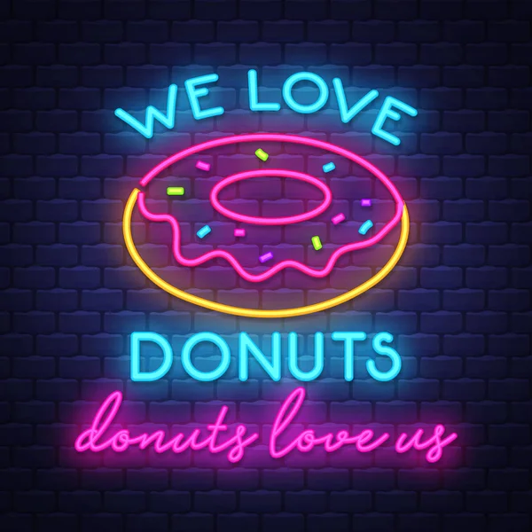 Donuts - Neon teken Vector op bakstenen muur achtergrond — Stockvector