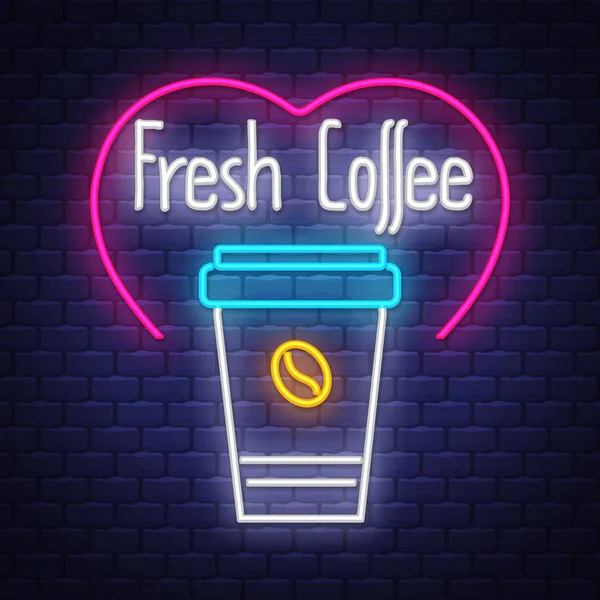 Fresh coffee- Neon Sign Vector on brick wall background — Stock Vector